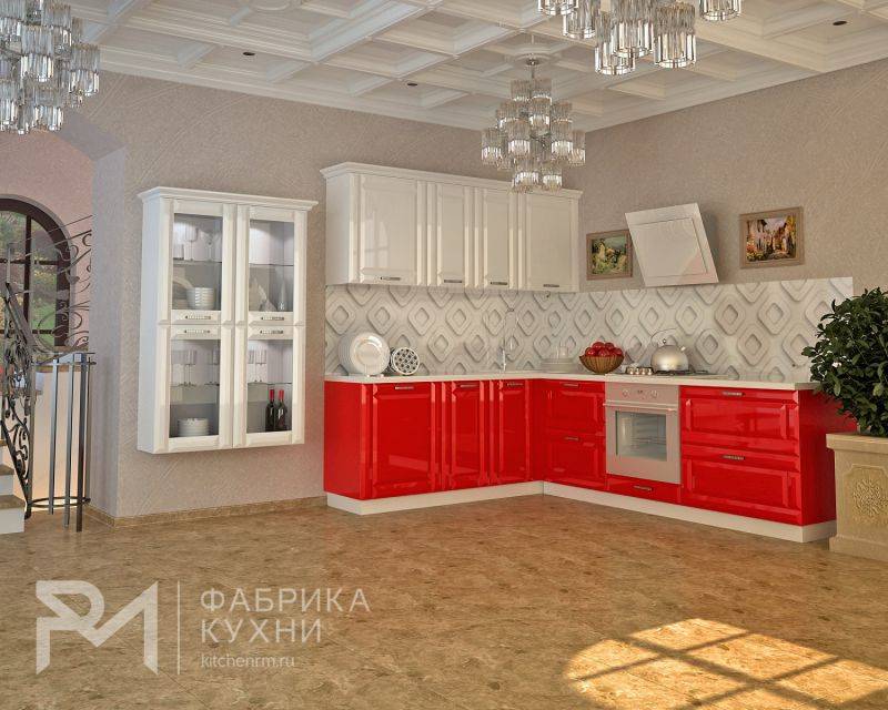 глянцевая угловая кухня белый-красный в Кургане